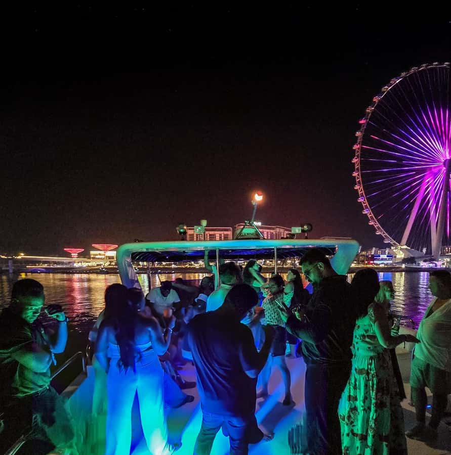 Dubai: Marina Yacht Party with BBQ, Unlimited Drinks and DJ - The marina views, JBR, and Ain Dubai