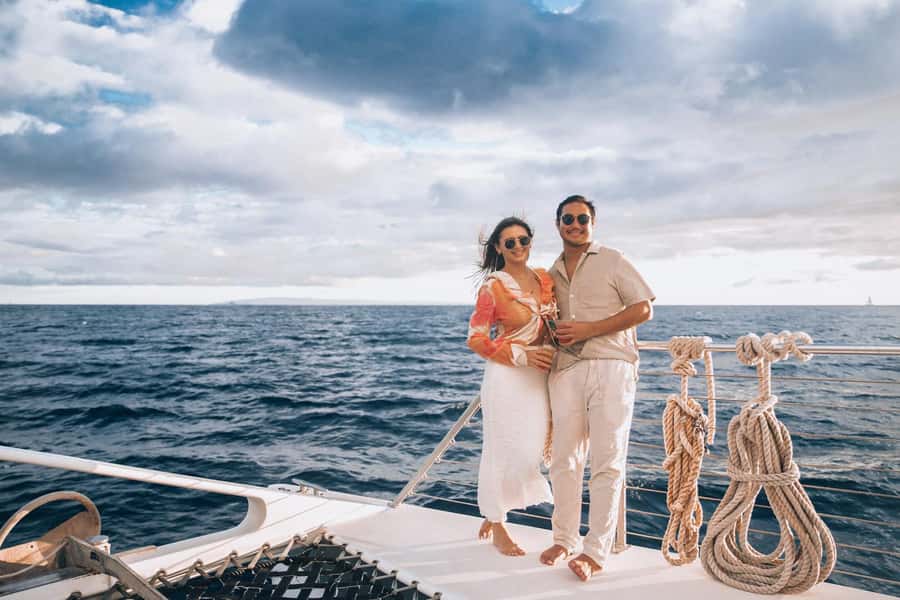 From Ma'alaea: 'Alihilani Sunset Sail Catamaran Tour - Raising the sails in the Auau Channel