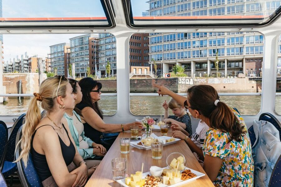 Hamburg: Harbor Cruise with Wine and Cheese - Hamburg Harbor from a Wooden Table