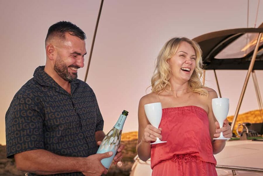 Hersonissos: Luxury Sunset Catamaran Cruise Sushi & Open Bar - Agios Georgios Bay and the Cave of Saint George