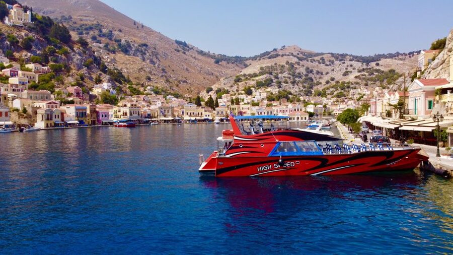 Rhodes: High-Speed Boat to Symi Island & Saint George's Bay - Arriving in Symi Harbor