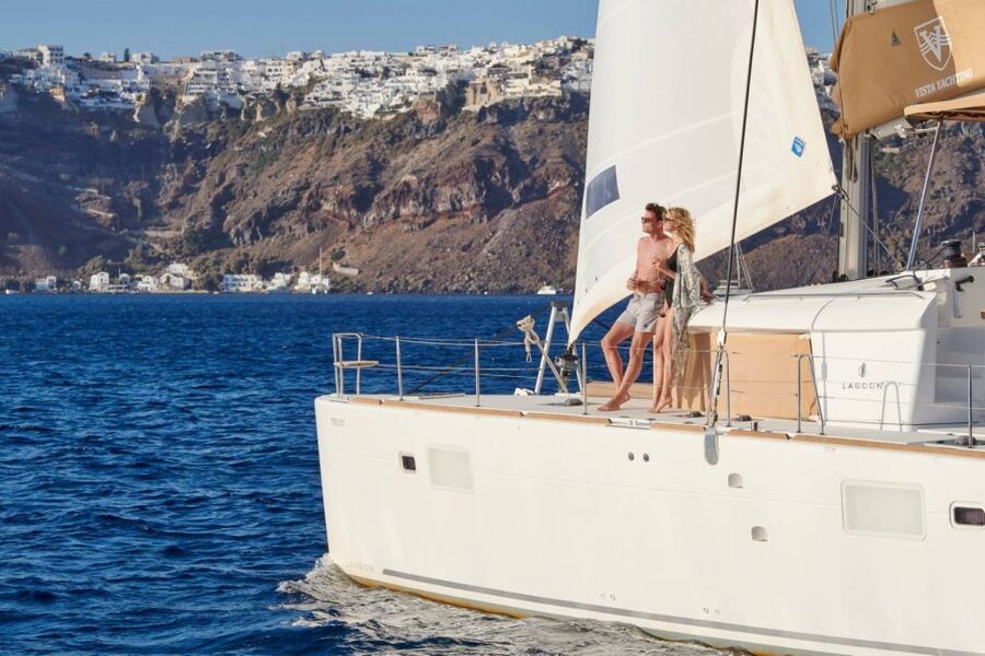 Santorini Gold Catamaran Cruise with Snorkel, BBQ & Open Bar - Red Beach and the southern coast