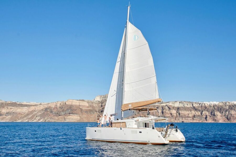 Santorini Gold Catamaran Cruise with Snorkel, BBQ & Open Bar - The Volcano hot springs and the sulfur-water warning