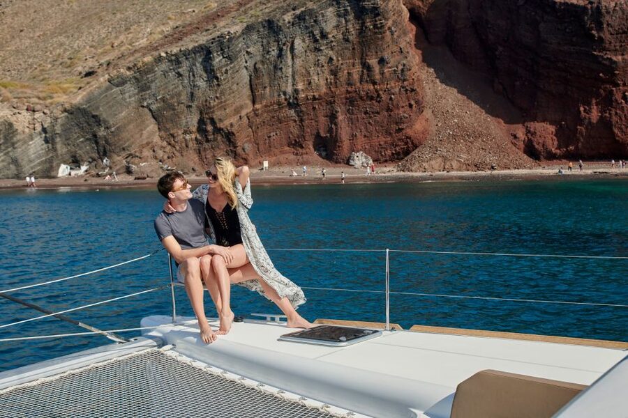 Santorini: Platinum Catamaran Cruise w/ BBQ Meal & Open Bar - Mesa Pigadia, Akrotiri, and the caldera