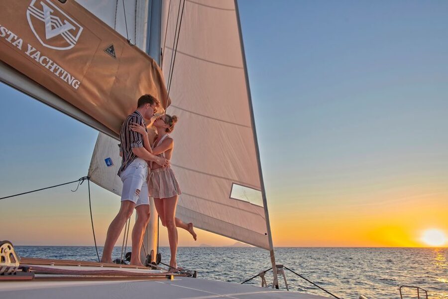 Santorini: Platinum Catamaran Cruise w/ BBQ Meal & Open Bar - From your hotel to Vlychada port